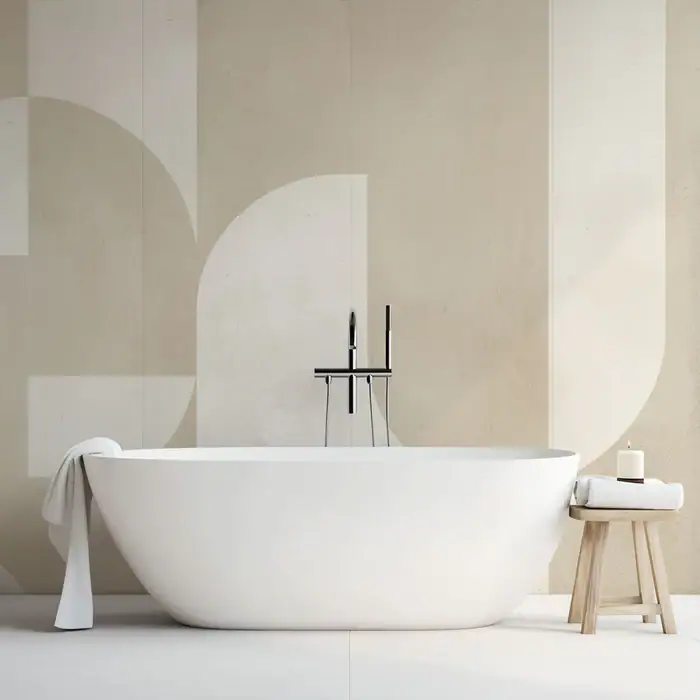 Papier peint salle de bain | Art déco beige avec formes circulaires