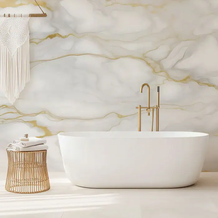 Papier peint salle de bain | Effet marbre blanc veinages dorés