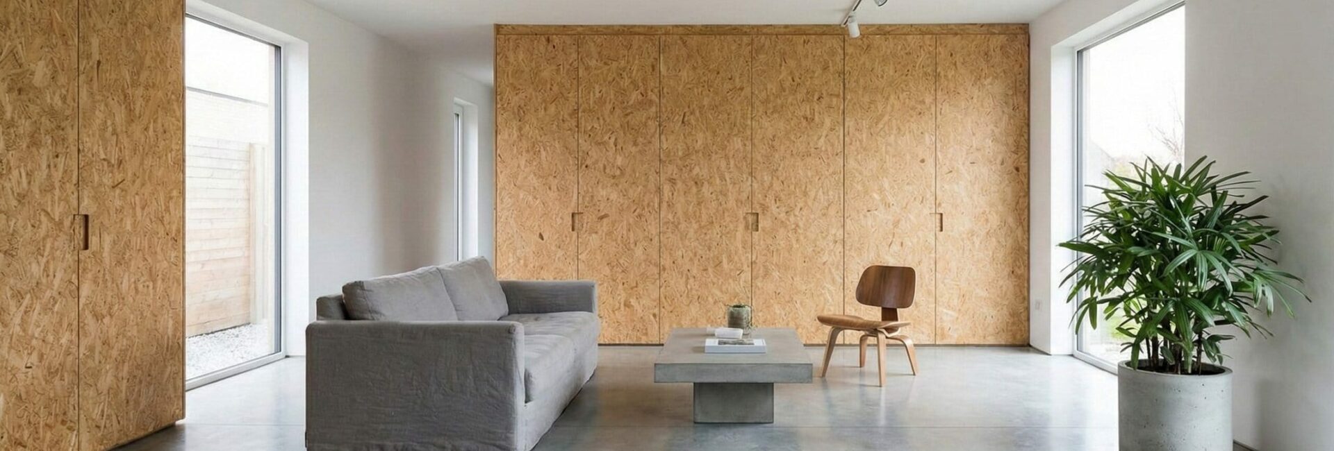 Projet L’Écrin Brut – Salon minimaliste avec béton ciré et OSB