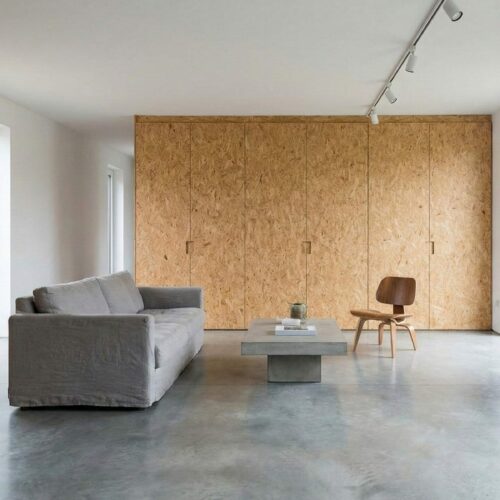 Projet L’Écrin Brut – Salon minimaliste avec béton ciré et OSB