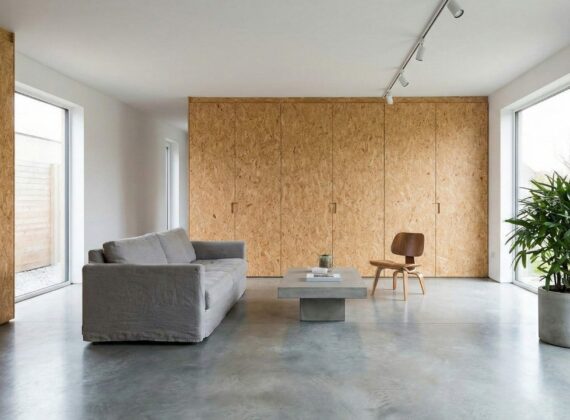 Projet L’Écrin Brut – Salon minimaliste avec béton ciré et OSB