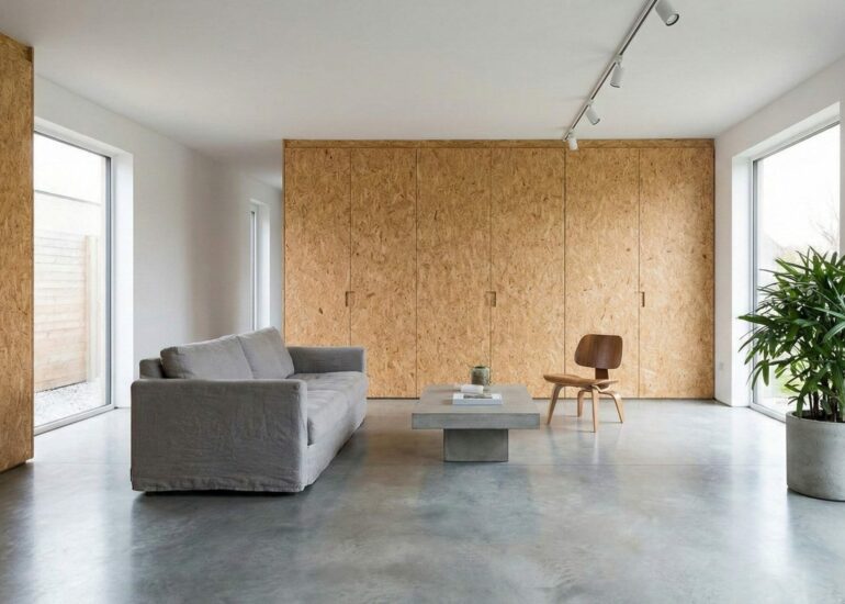 Projet L’Écrin Brut – Salon minimaliste avec béton ciré et OSB