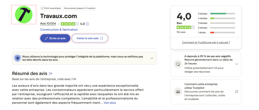 Avis clients sur travaux.com (trustpilot et autres sites de notation)