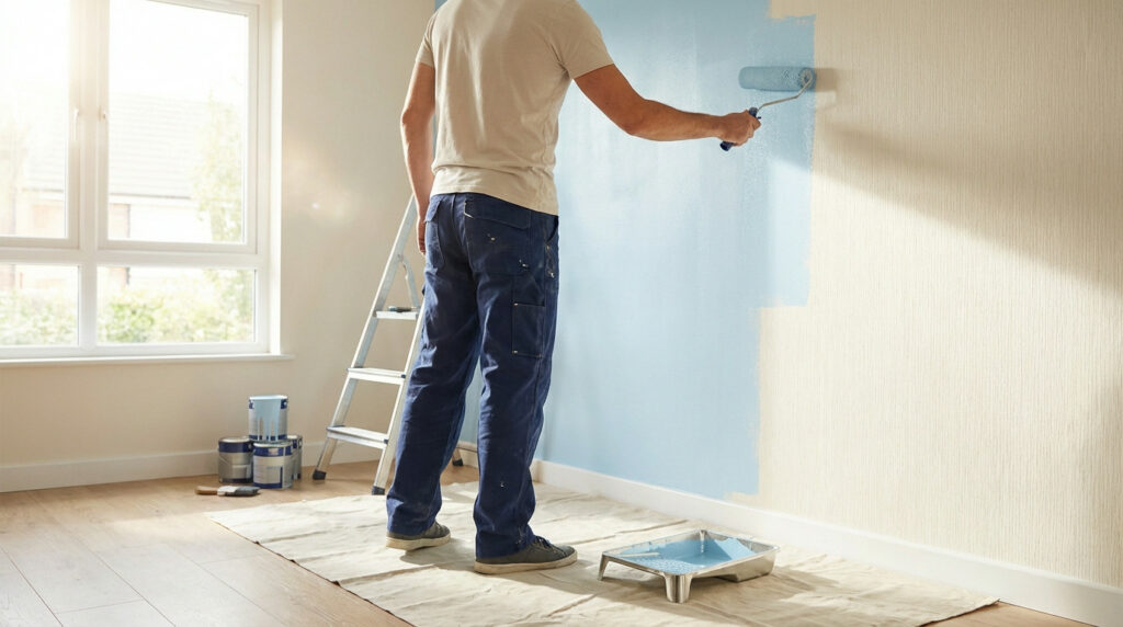 A person in a light t-shirt and dark pants paints a textured wall light blue with a roller. Natural light fills the modern room.