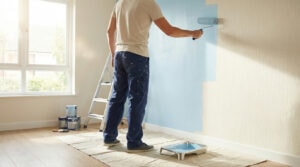 A person in a light t-shirt and dark pants paints a textured wall light blue with a roller. Natural light fills the modern room.