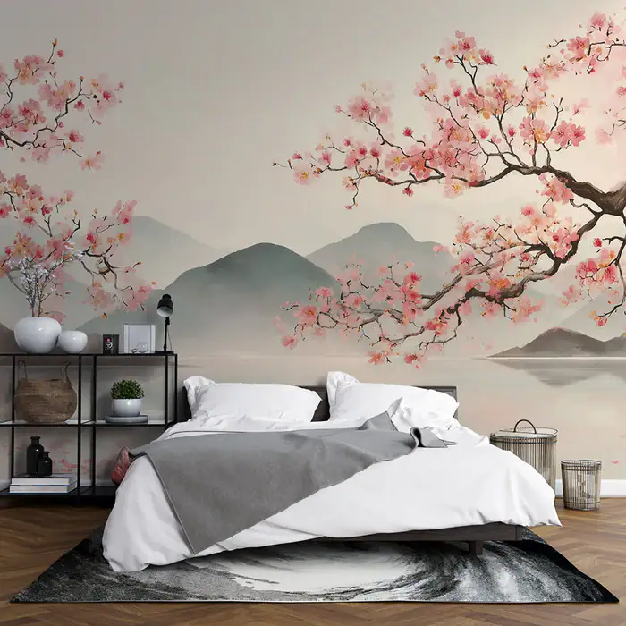 Papier peint paysage japonais | Fleurs de cerisier et montagnes
