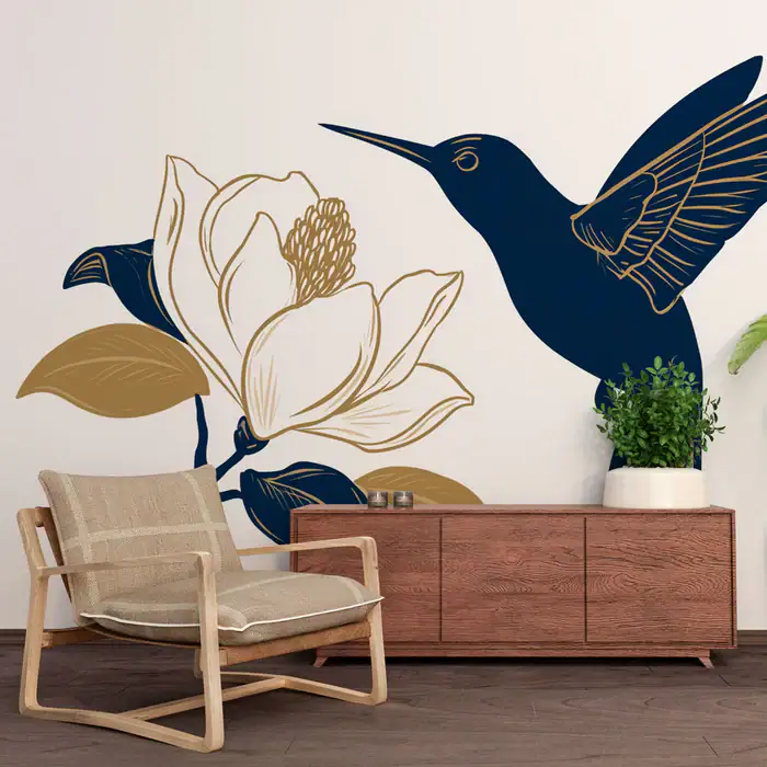 Papier peint colibri | Élégance minimaliste en bleu et doré