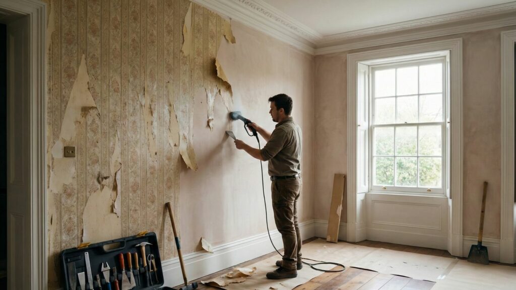 Un artisan professionnel retire du papier peint ancien à l'aide d'une décolleuse à vapeur dans une pièce lumineuse aux moulures élégantes.