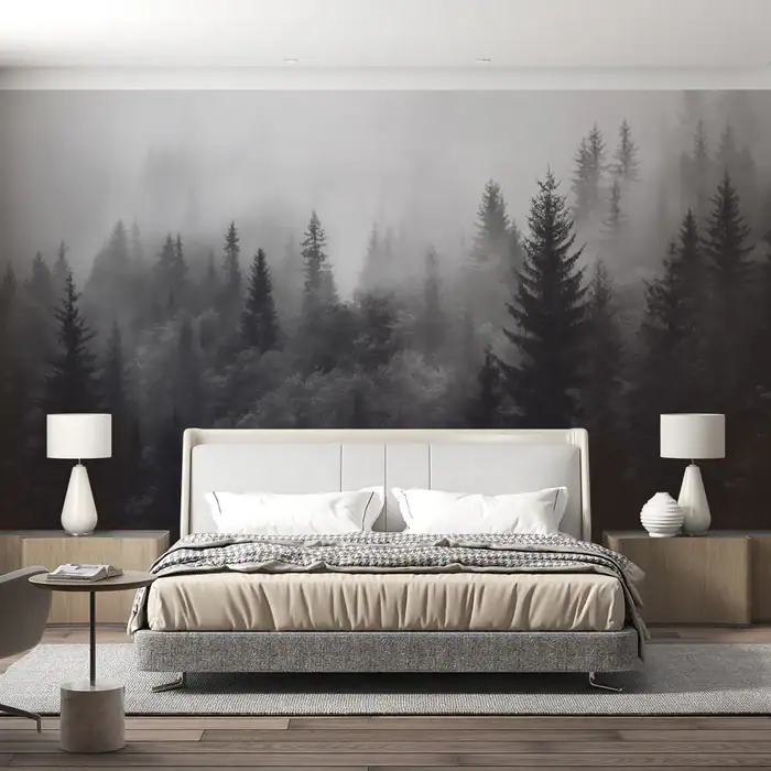 Papier peint sapin | Forêt nordique et brume noir et blanc