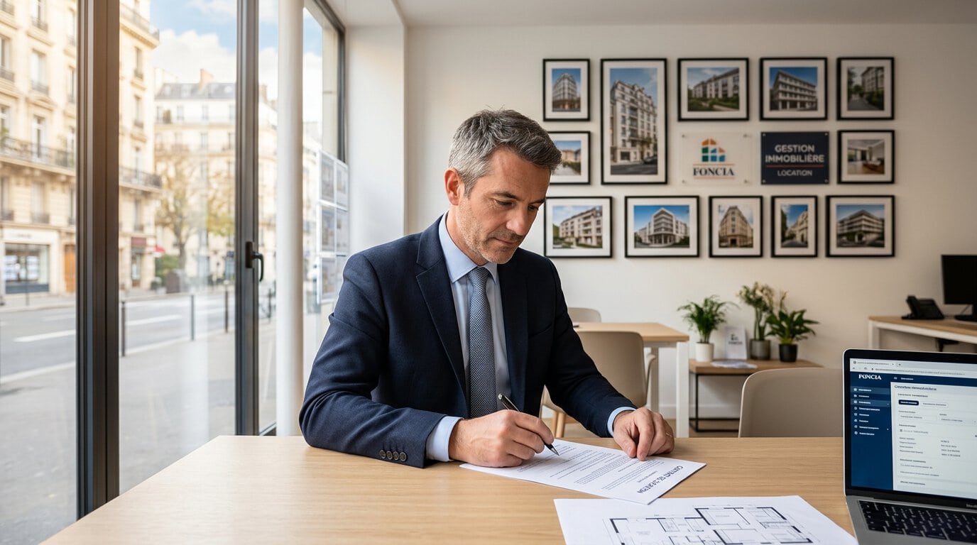 Avis Foncia — gestionnaire immobilier travaillant sur un bail de location dans un bureau parisien