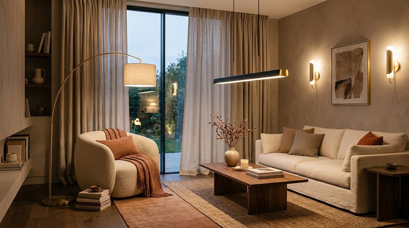 Avis luminaire.fr — salon équipé d'un lampadaire arc, d'une suspension linéaire et d'appliques design