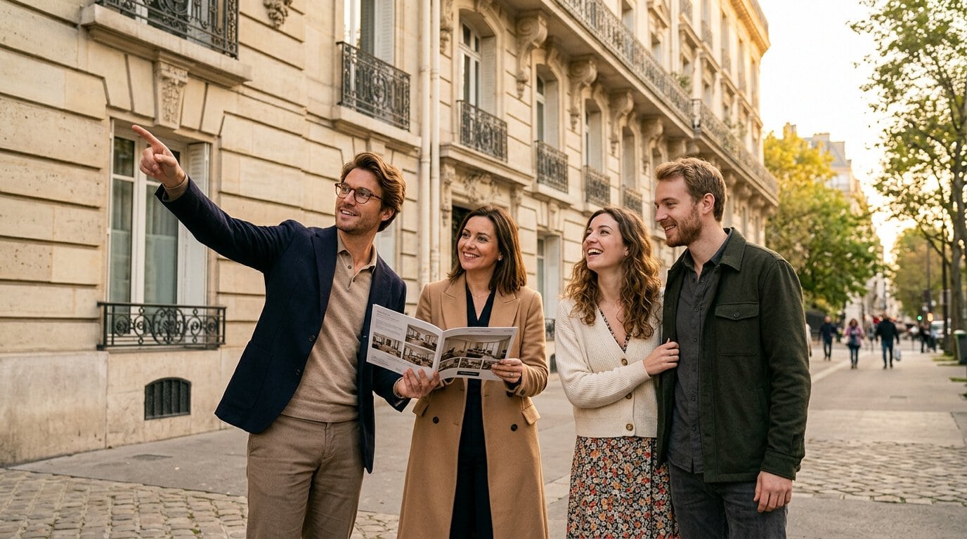 Avis Mon Chasseur Immo — chasseur immobilier accompagnant un couple devant un immeuble parisien