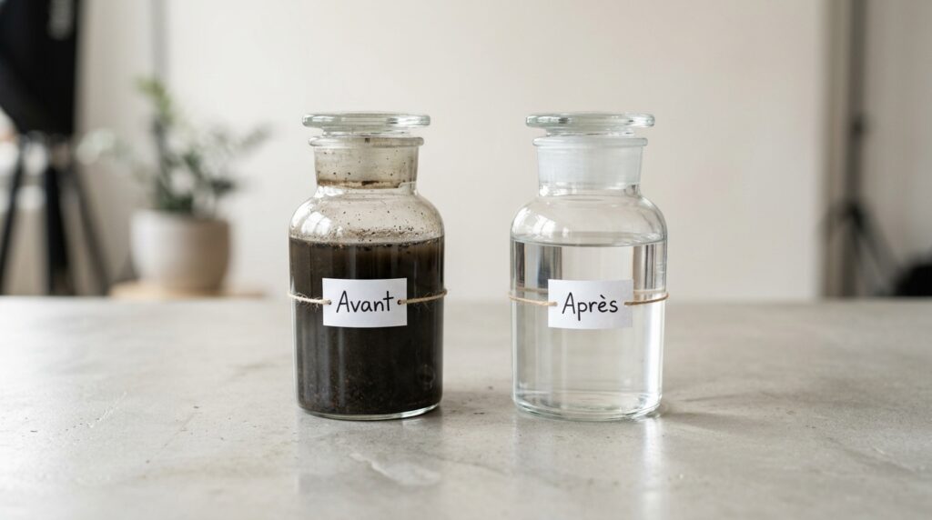Eau d'un plancher chauffant avant et après désembouage : élimination de la magnétite
