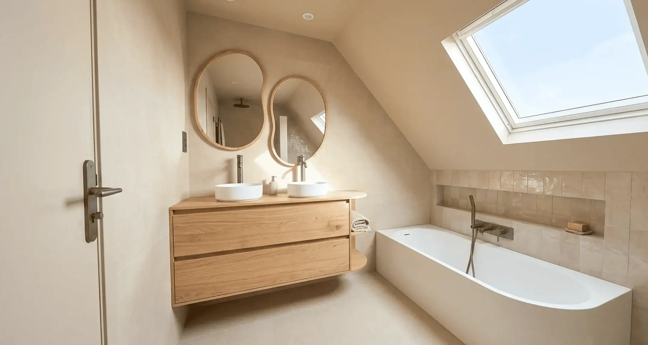 Salle de bain sous mansarde projet AMR Colmar, double vasque chêne, miroirs organiques et baignoire sous Velux