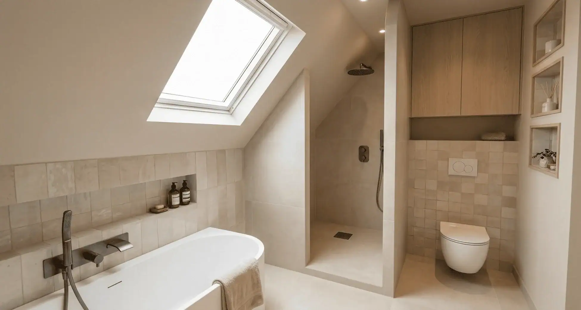 Salle de bain mansardée AMR Colmar avec douche italienne sous Velux, baignoire et zelliges beige