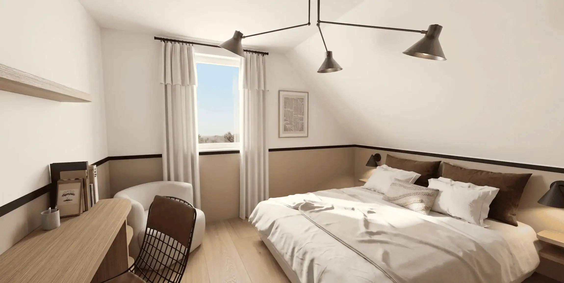 Rendu 3D vue d'ensemble d'une chambre mansardée AMR Colmar avec lit, bureau intégré et luminaire design