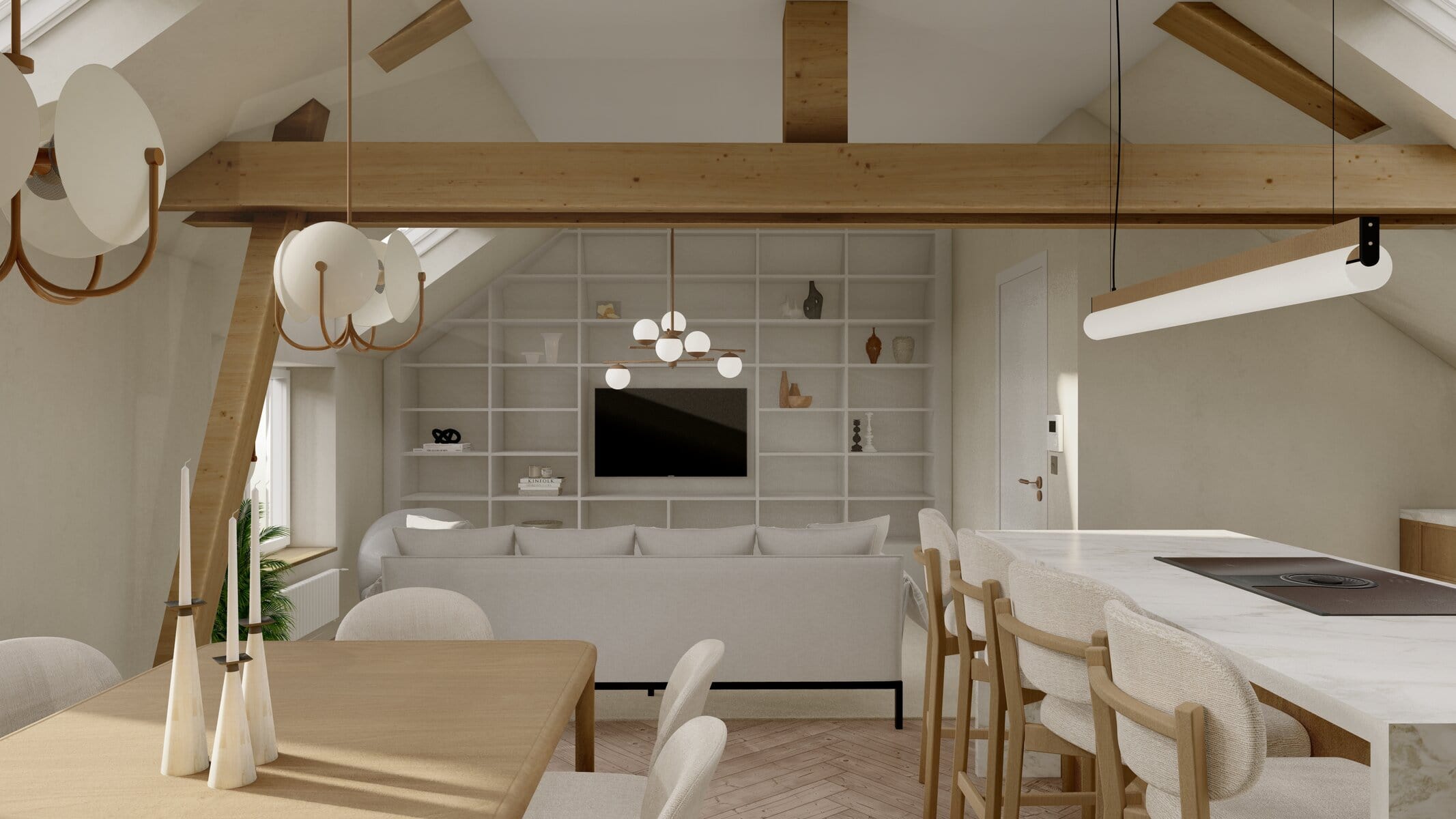 Appartement de 60 m² sous combles au Luxembourg avec poutres apparentes, bibliothèque sur mesure et cuisine ouverte