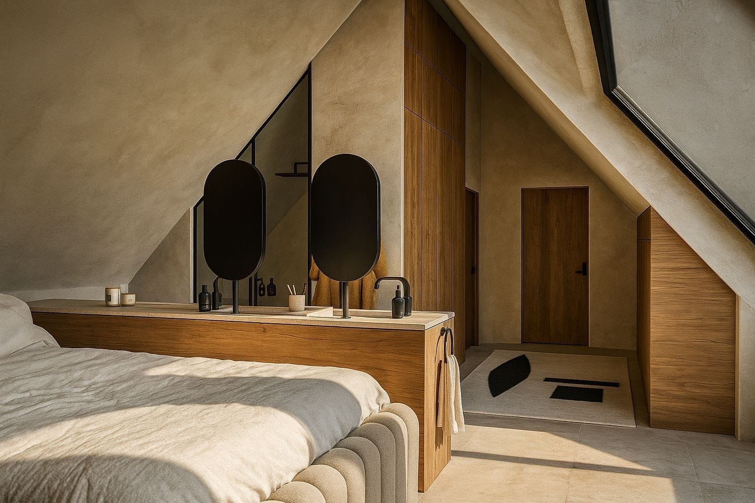 Chambre mansardée parisienne avec coiffeuse intégrée en chêne sous pente, miroirs ovales et lit double