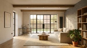 Garage transformé en pièce à vivre habitable avec baie vitrée style verrière, parquet chêne clair et mobilier scandinave épuré