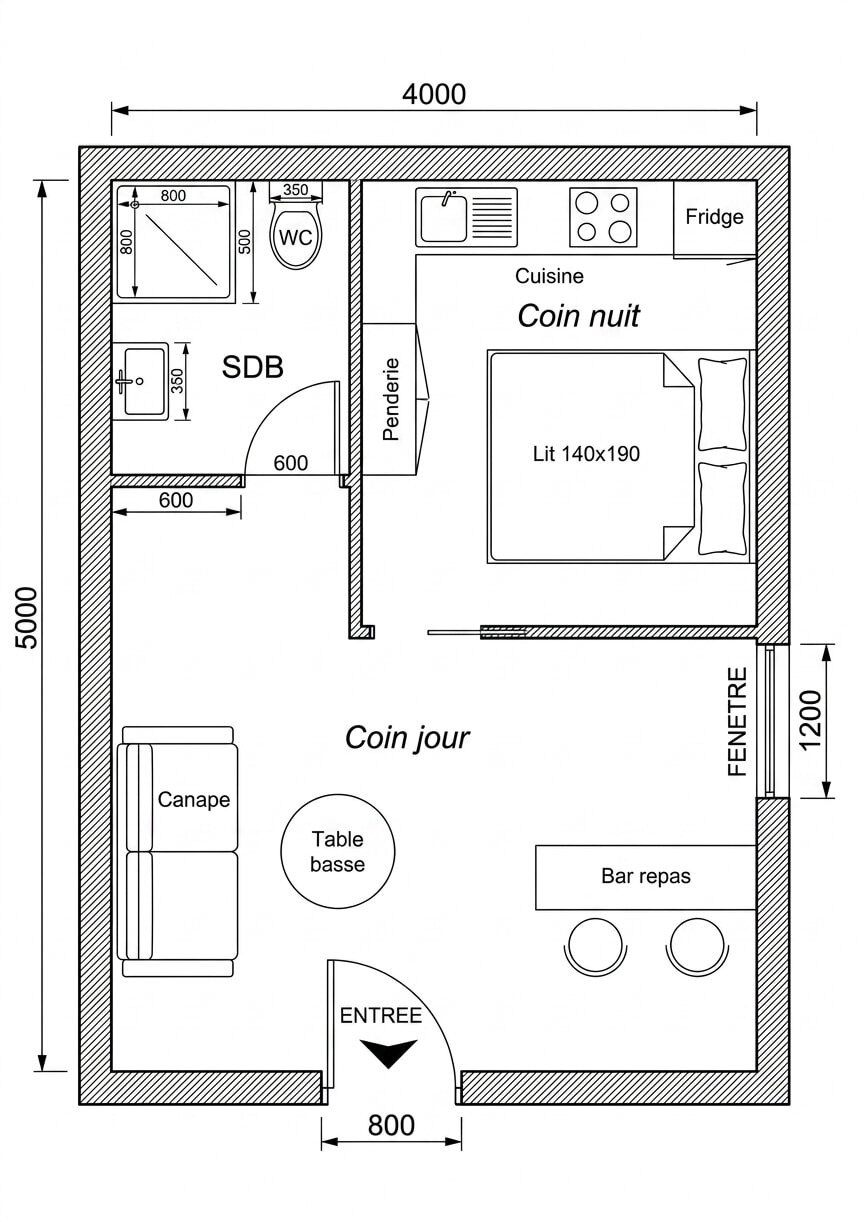 Plan d'agencement studio 20m² - Ynspir