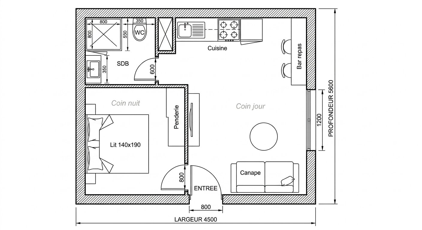 Plan d'agencement studio 25m² - Ynspir