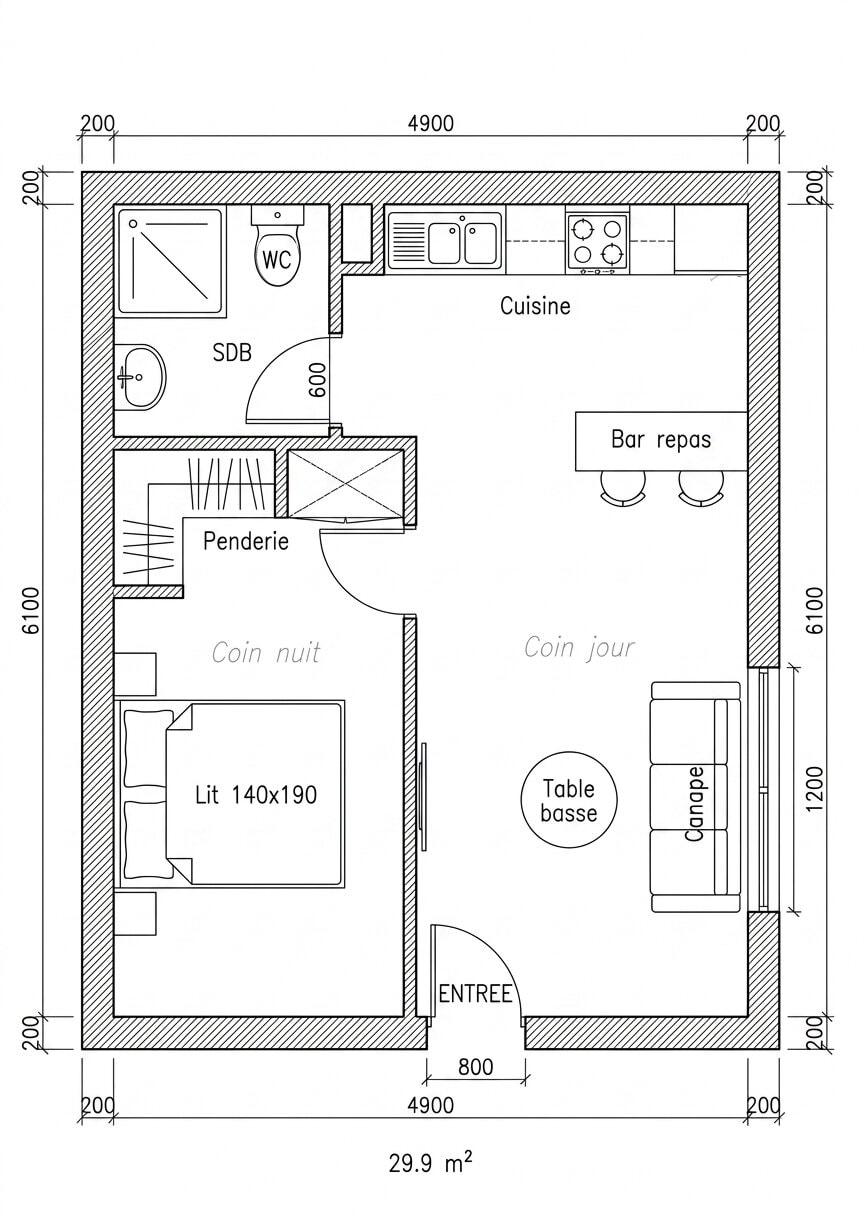 Plan d'agencement studio 30m² - Ynspir