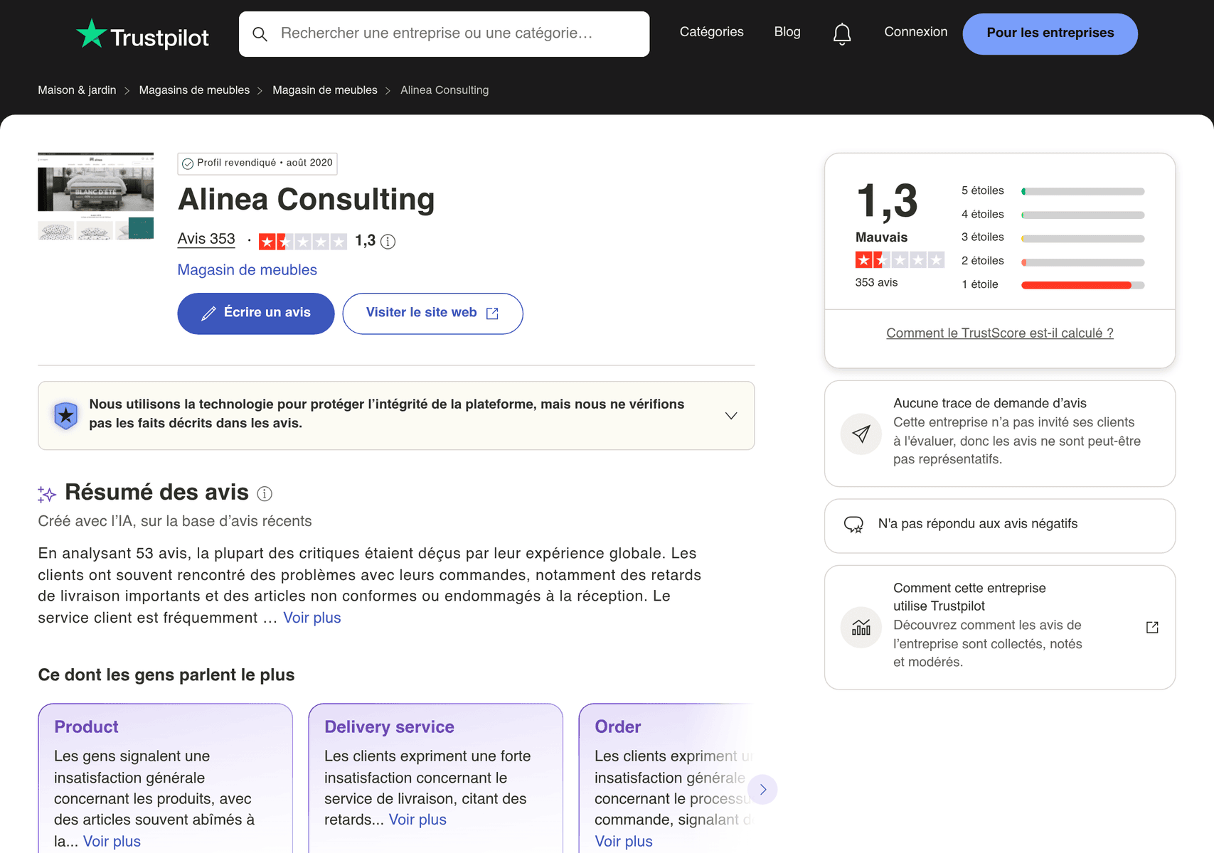 Avis Alinea sur Trustpilot