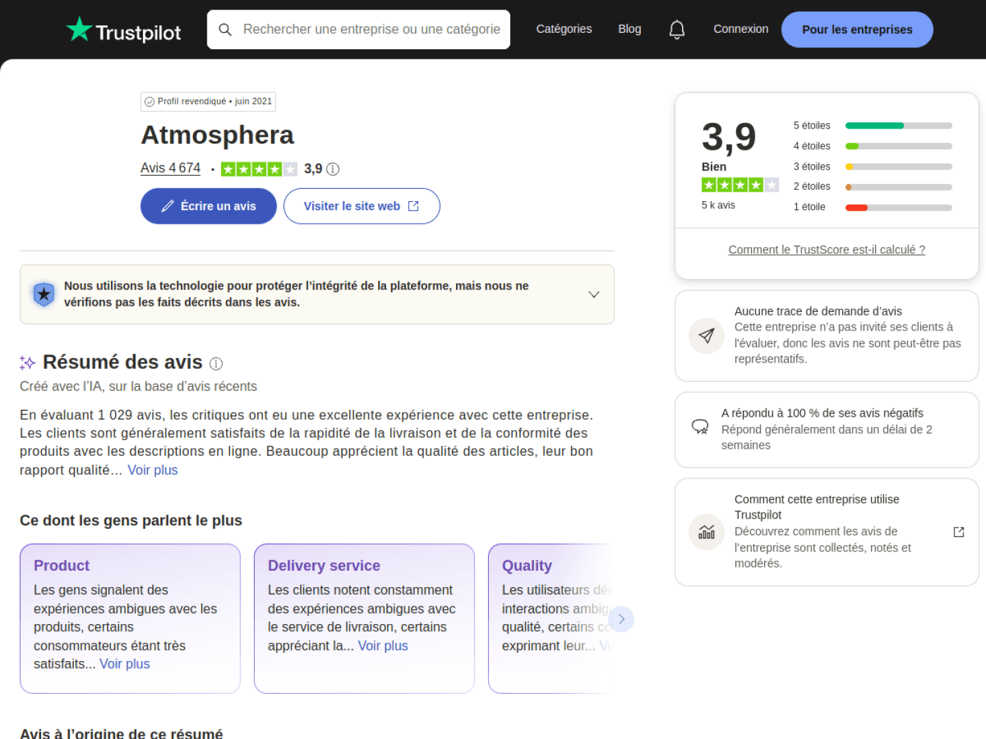 Avis Atmosphera sur Trustpilot