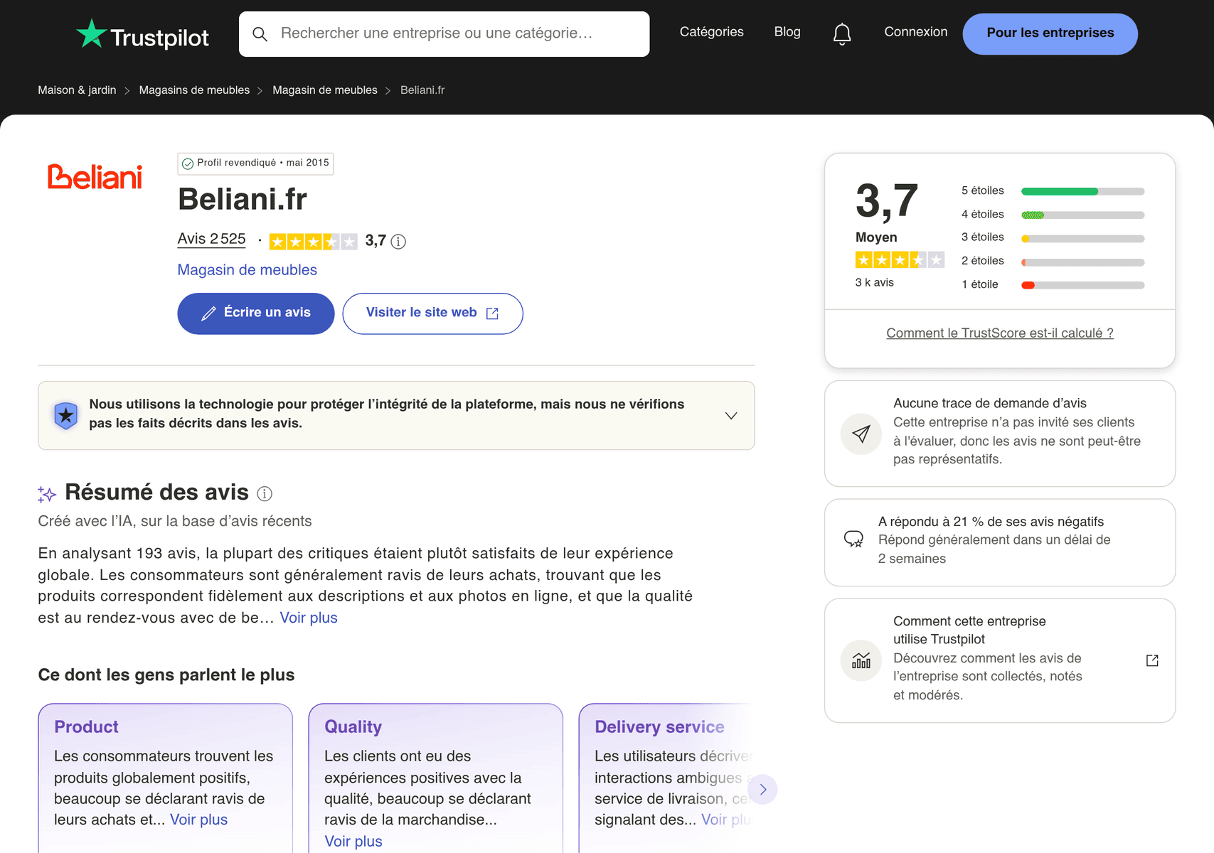 Avis Beliani sur Trustpilot
