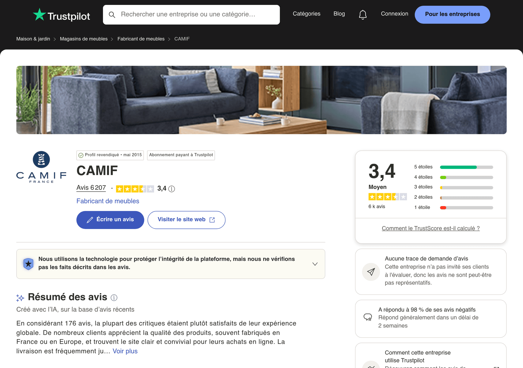 Avis Camif sur Trustpilot