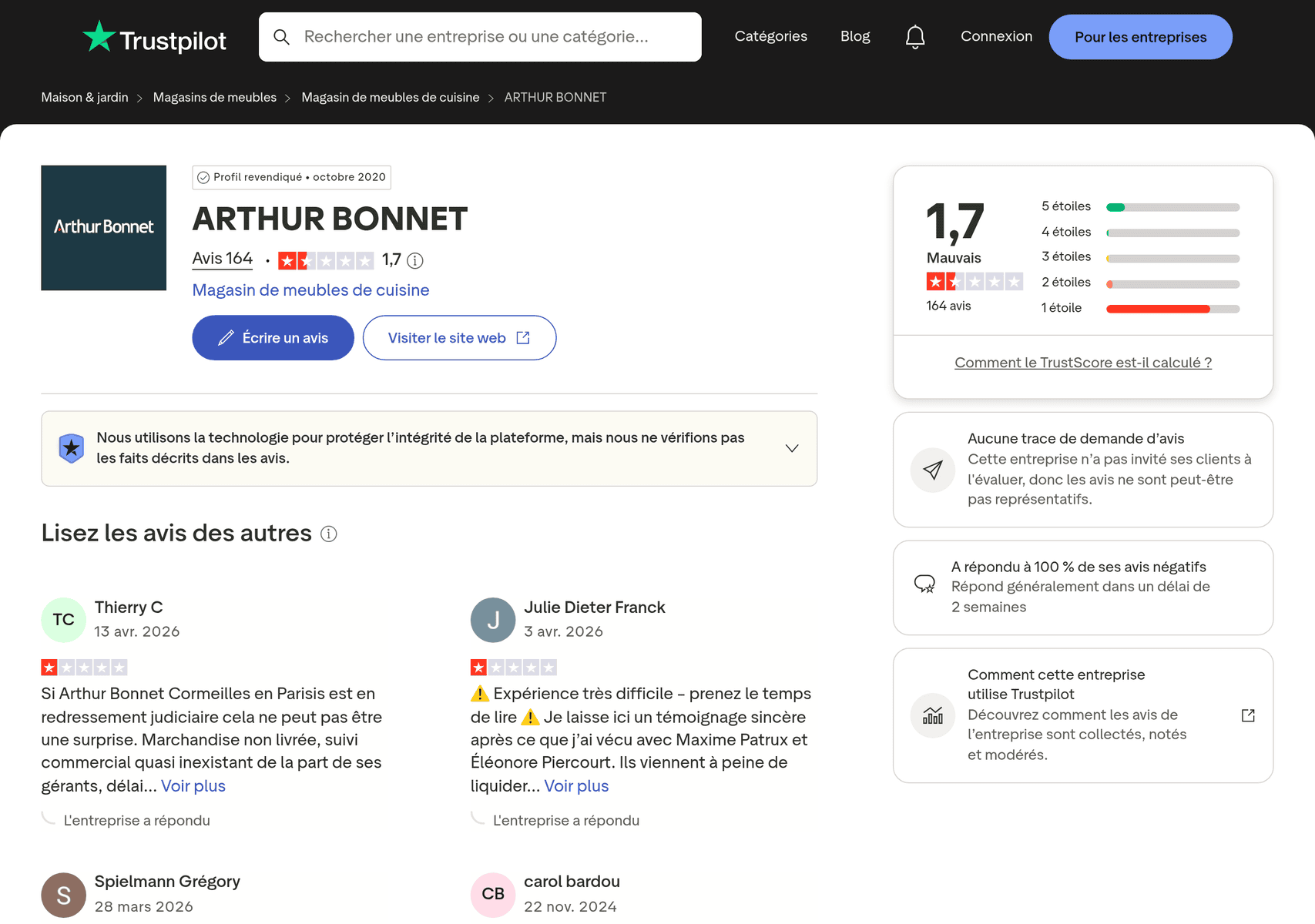Avis Arthur Bonnet sur Trustpilot