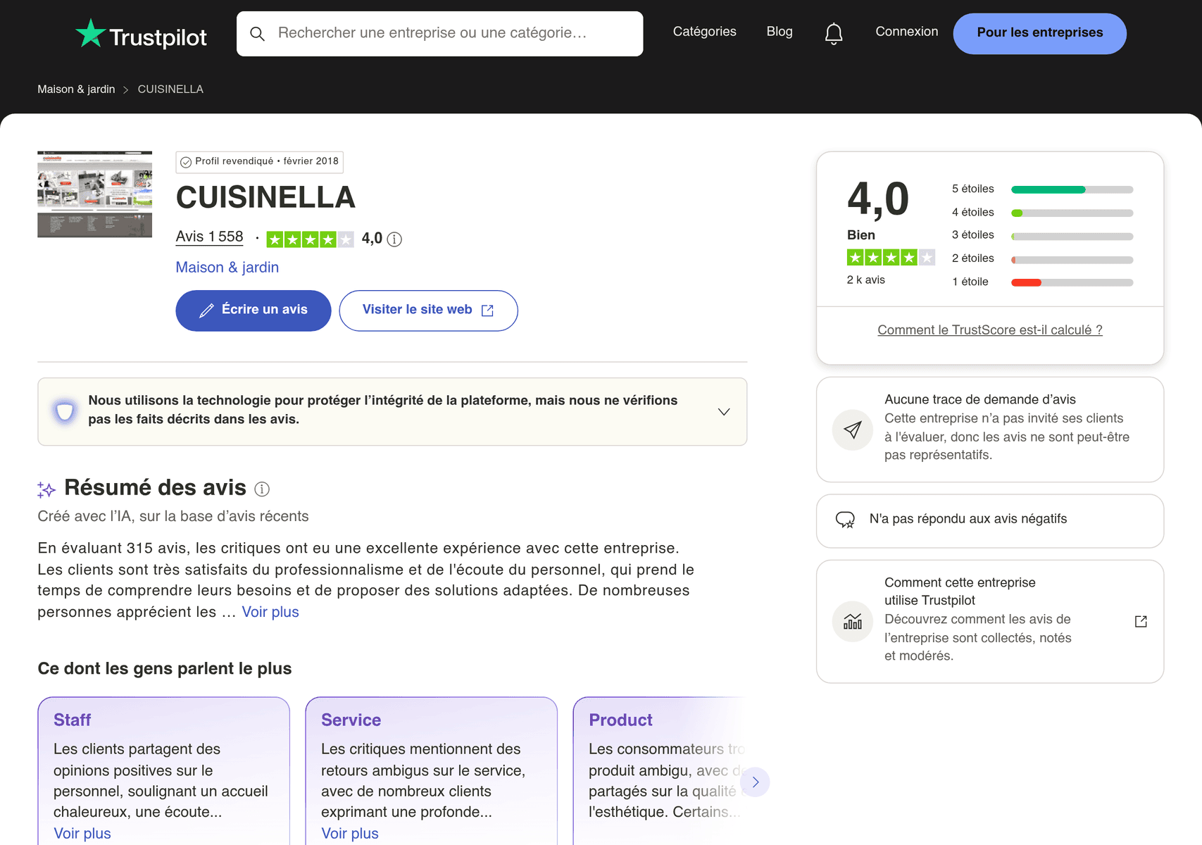 Avis Cuisinella sur Trustpilot