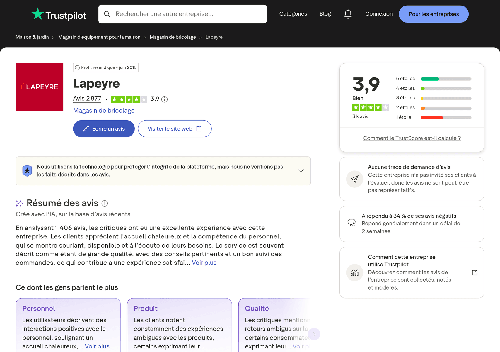 Avis Lapeyre sur Trustpilot