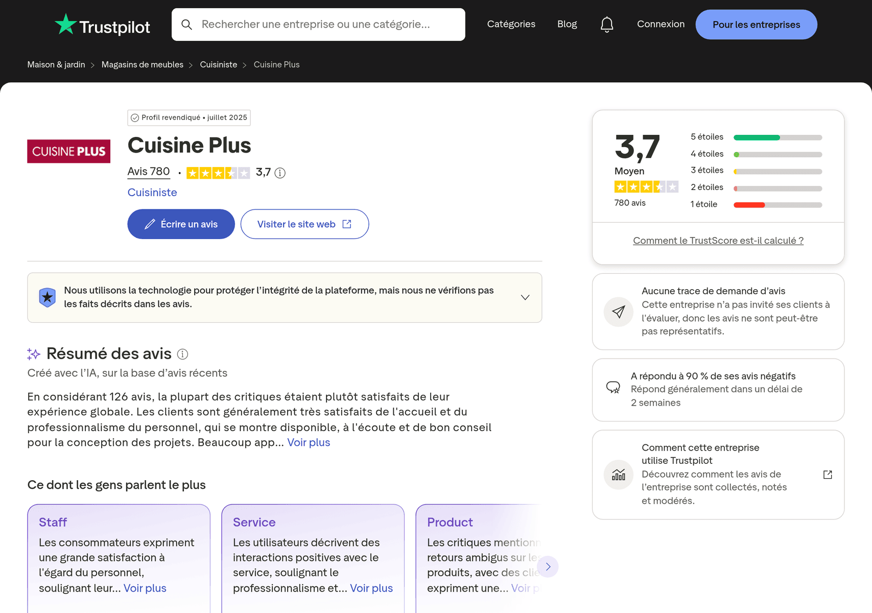 Avis Cuisine Plus sur Trustpilot