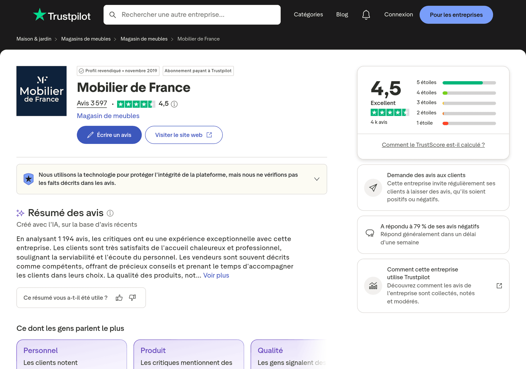 Avis Mobilier de France sur Trustpilot