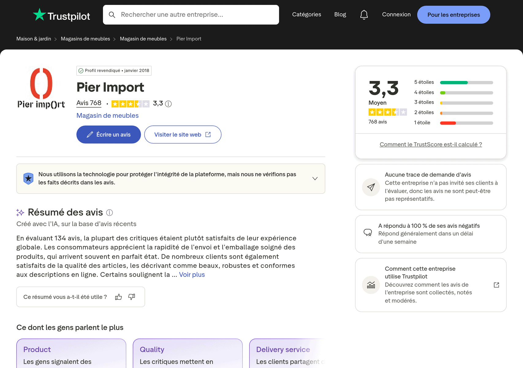 Avis Pier Import sur Trustpilot