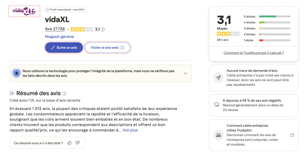 Ce que disent les clients : synthèse des avis vidaXL sur Trustpilot