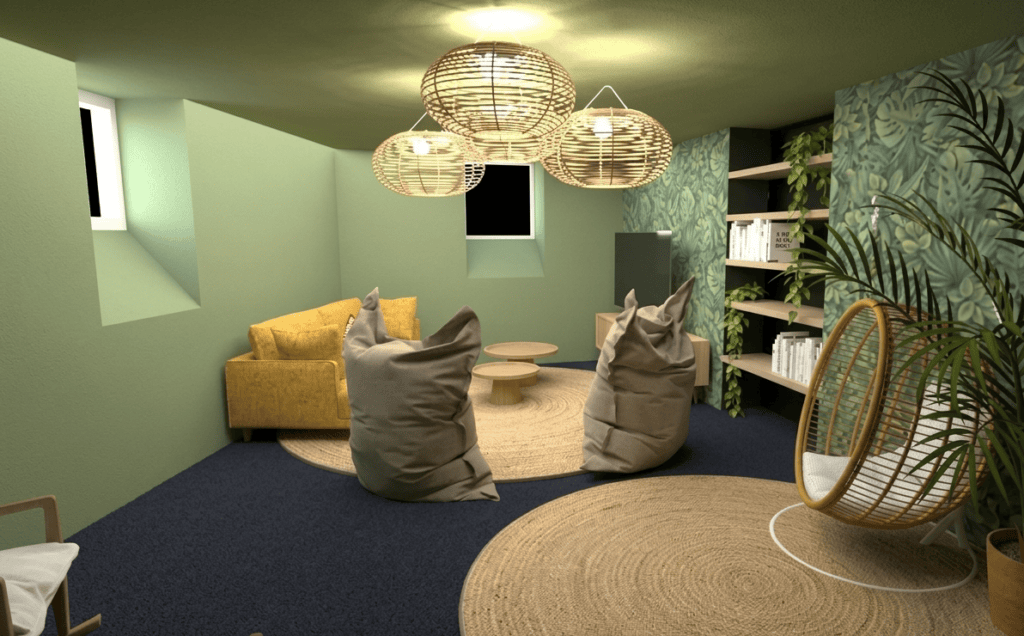 concept 3D de coin repos en sous sol avec vert sauge