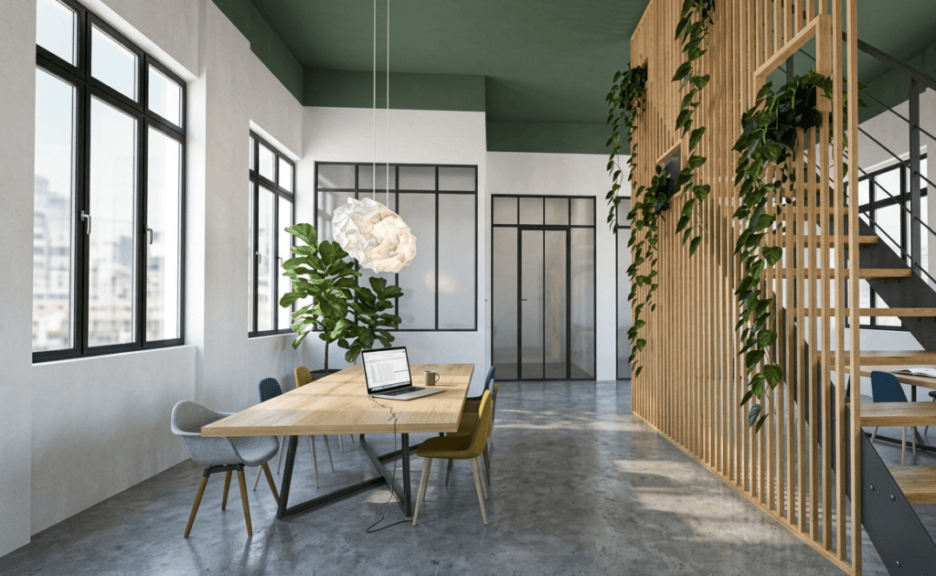 Concept 3D proposé à un de nos clients avec vert forêt au plafond