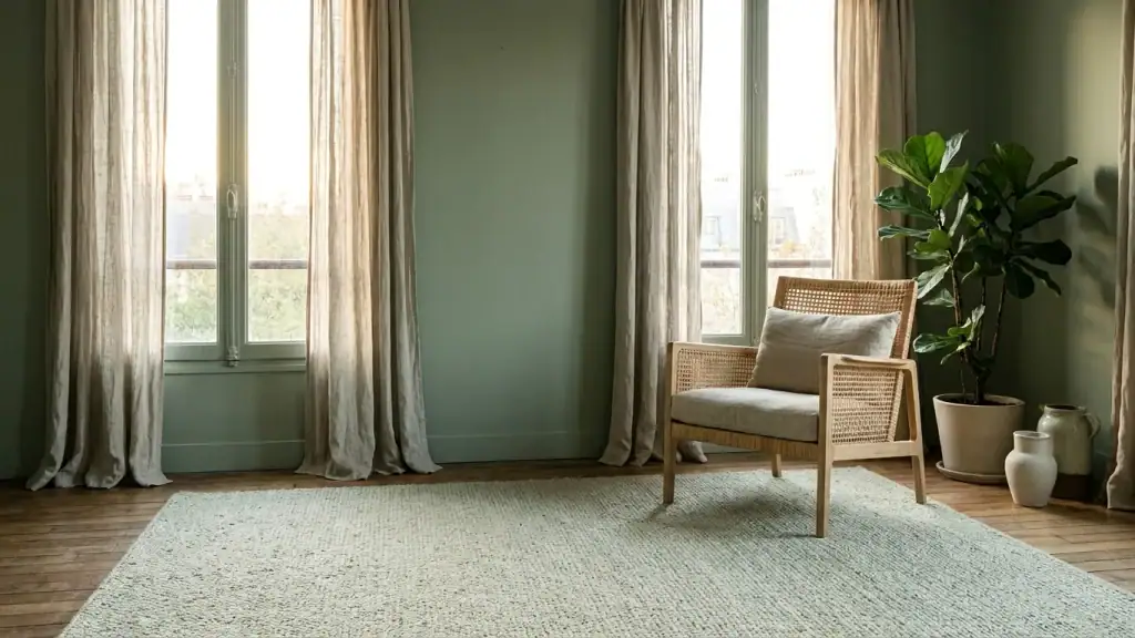 Salon au mur vert sauge avec tapis vert amande en laine texturée