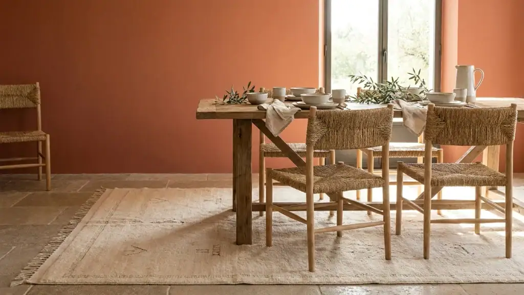 Salle à manger au mur terracotta avec tapis écru à motifs berbères discrets