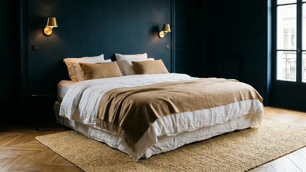Chambre au mur bleu nuit avec tapis beige doré en laine
